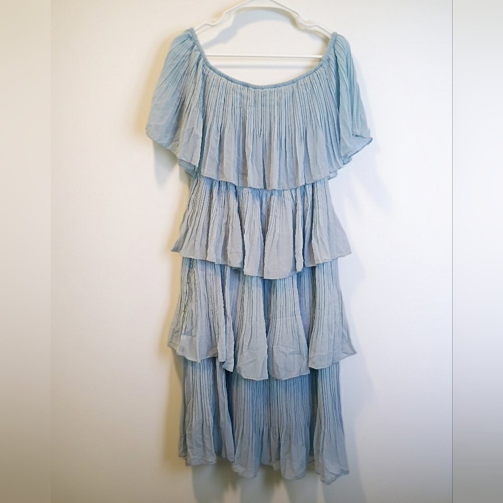 Cupshe Light Blue Off-Shoulder Tiered Maxi Dress